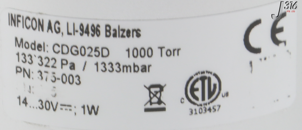 28270 INFICON CAPACITANCE DIAPHRAGM GAUGE, 1000 TORR, P/N: 375-003